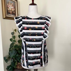Westmoon Black & White Striped Fruit Floral Top sz S NEW